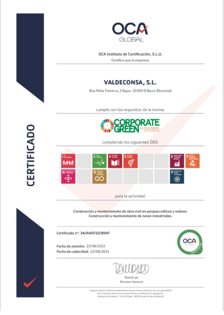 Certificado Corporate Green de OCA GLOBAL para Valdeconsa, emitido el 23 de agosto de 2022 y con caducidad indicada el 23 de agosto de 2023